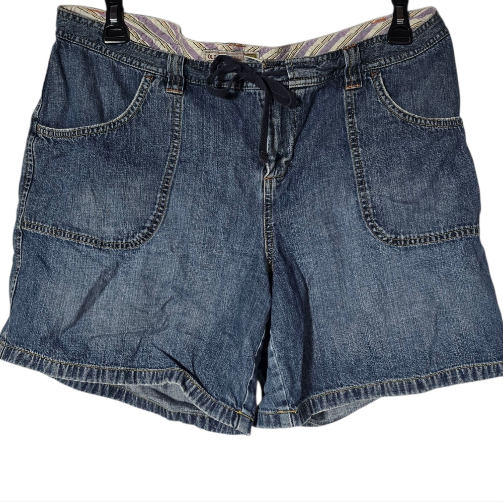 Old Navy 16 Blue Denim Jean Shorts Drawstring And Zip And Hook Closure Low Waist